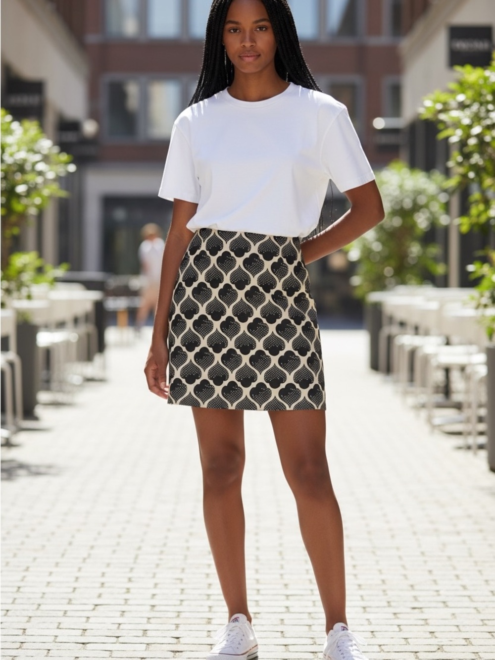 Boden Navy and Cream Patterned Cotton A-Line Skirt